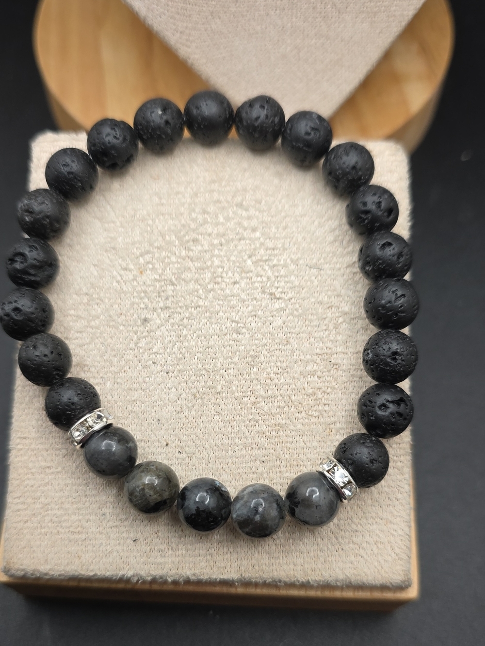 Black Lava Stone & Gray Bead Stretchy Bracelet (2316)
